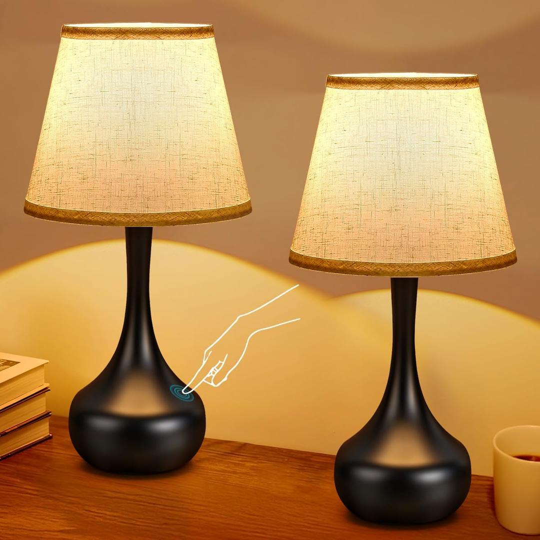 Touch Table Lamp for Bedroom Set of 2, Farmhouse 3-Way Dimmable Table Lamps for Nightstand with Fabric Shade, Lamps for Living RoomDesk Lamps for Home Office, Black Lamp for Bedroom