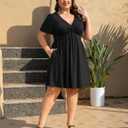 Manllenshie Womens Plus Size Summer Dress Casual Short Sleeves Deep V Neck Twist Knot Front Flowy Dress with Pockets (Black, XXL)