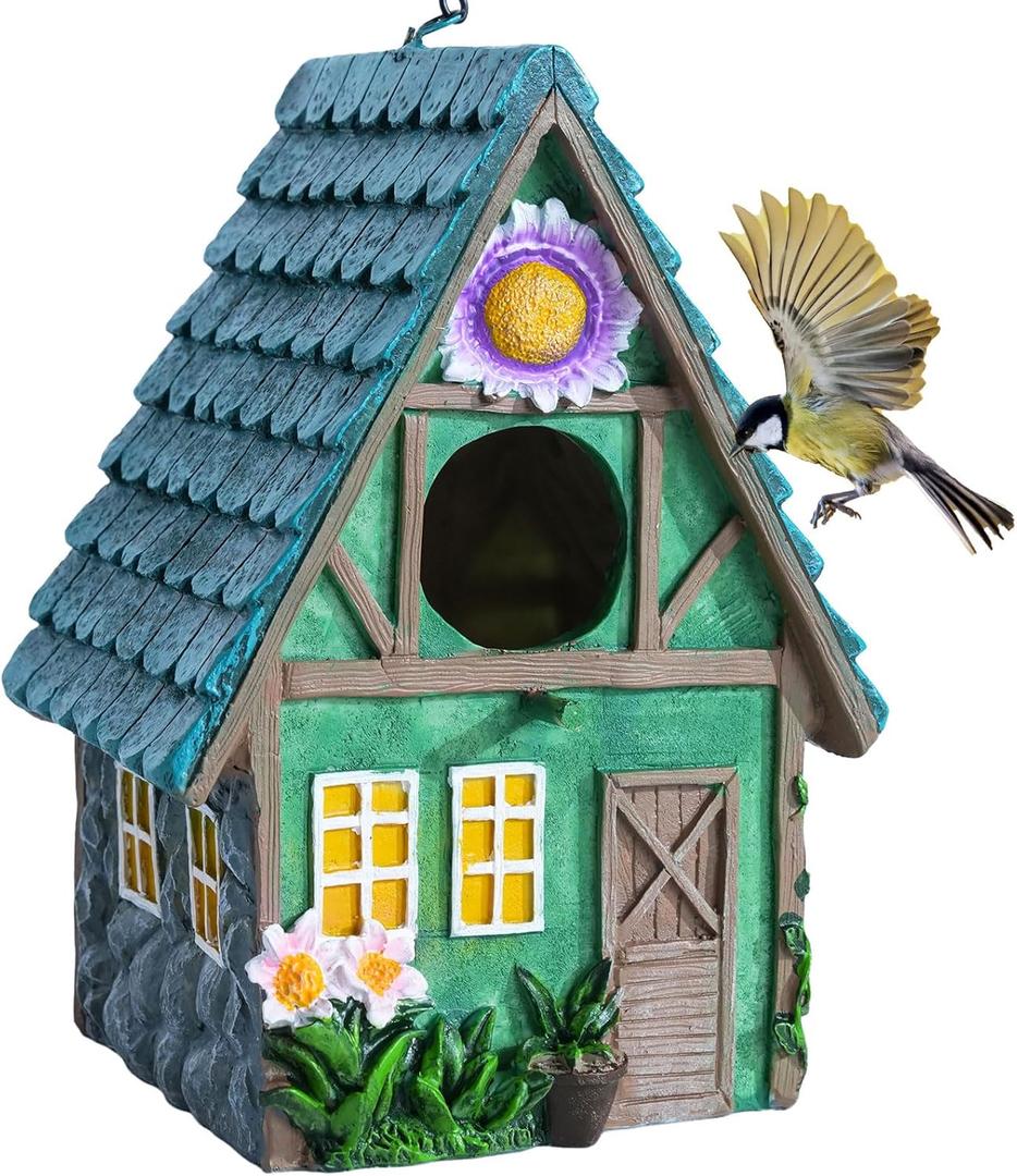 DEWEL Waterproof Bird Houses for Outside, Decorative Resin Birdhouses for Outdoors Garden Yard Decor, Hanging Bird House with Flower for Bluebird Finch Swallow Chickadee, Nesting Box for Bird Lovers (Green)