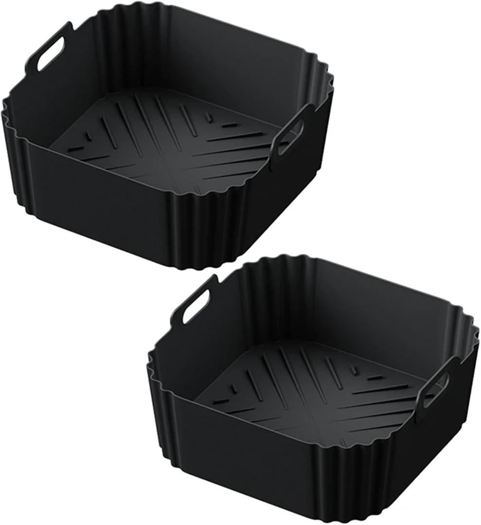 Air Fryer Silicone Liners for Ninja AF140 AF141 AF180 AF181 Air Fryer for Philips HD9270 Basket Baking, 9inch Reusable square, Black, 2 Pack