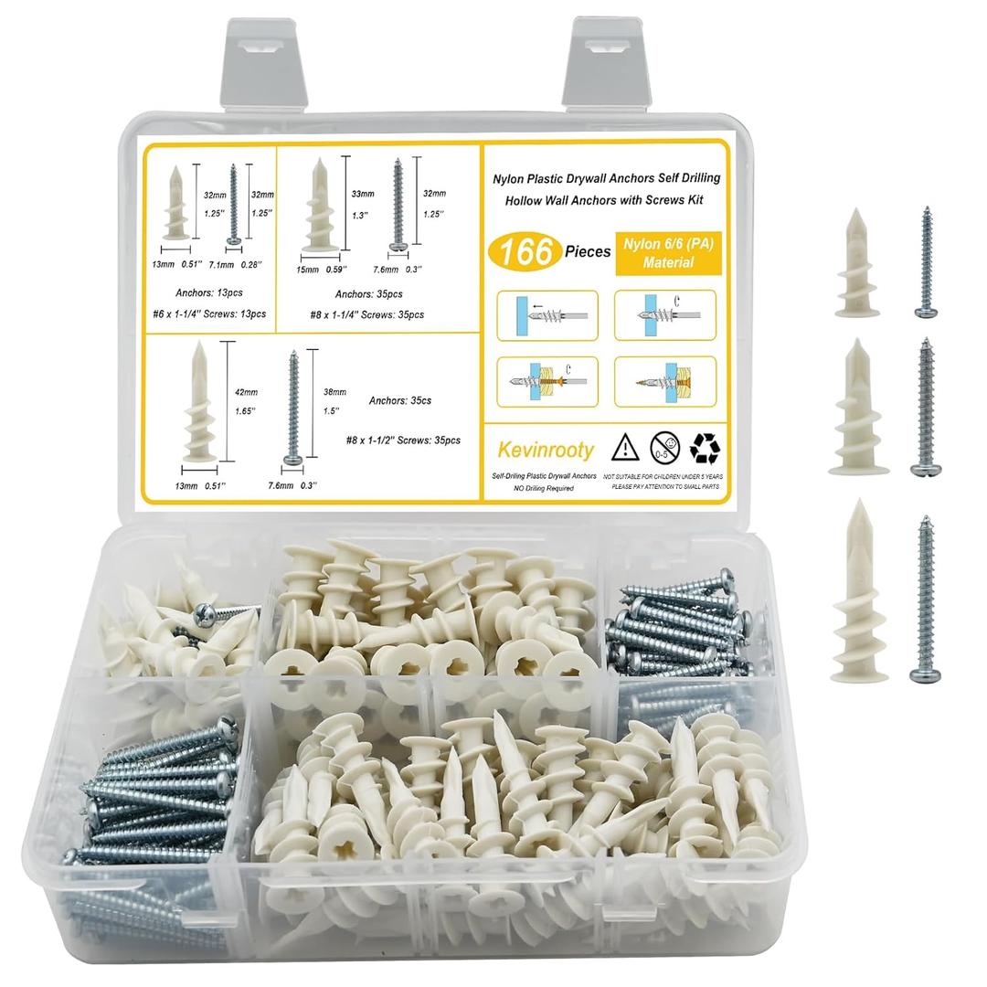 3 Sizes Self Drilling Drywall Anchors, 166PCS Nylon Plastic Wall Anchors and Screws for Drywall, No Pre Drill Hole Preparation Required,13x32mm,15x33mm,13x42mm