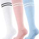 Cotton Compression Socks Women&Men with Grips Non Slip 15-20mmHg Knee High Graduated Sock for Nurse, Pregnancy, Yoga (Small-Medium, 01-3 Pairs-white Pink Blue)
