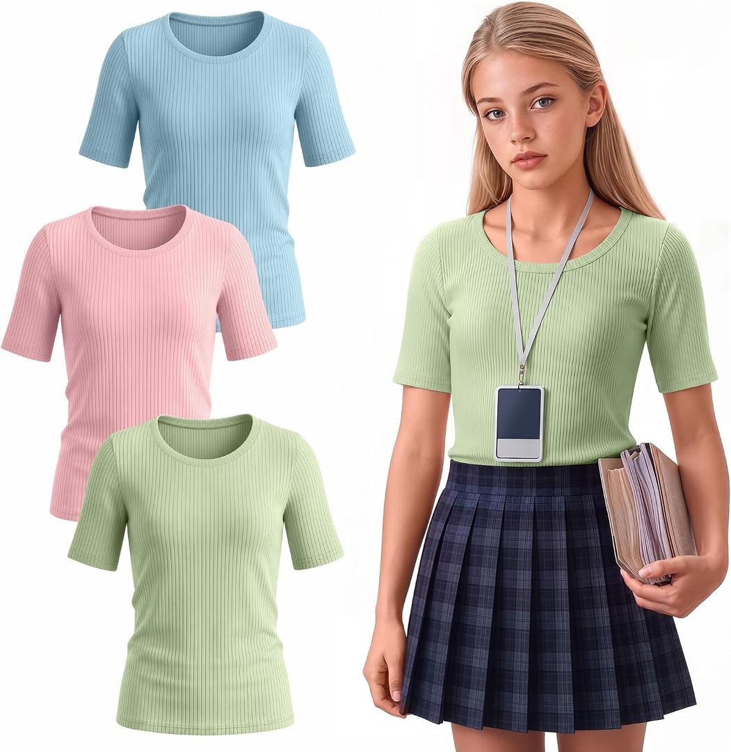 3 Pack Girls Ribbed T-Shirts | Short Sleeve, Crewneck, Slim Fit, Stretchy, Soft, Athletic, Basic Tees, Summer, Kids 5-14 Years