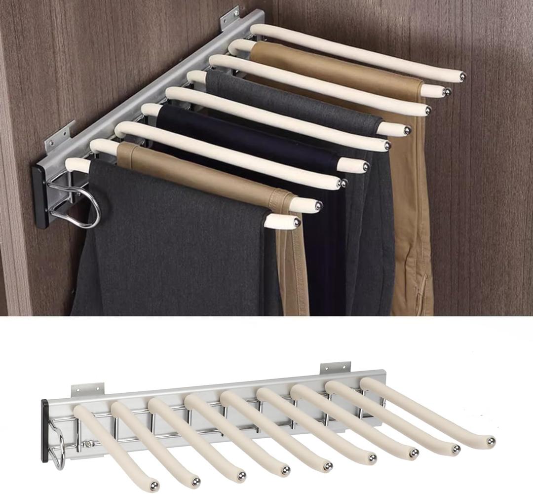 mopam Pull Out Trousers Rack 9 Arms Retractable Closet Pants Hanger Side Mounted Space Saving Trouser Hanger Rack, Left Side Installation, Beige