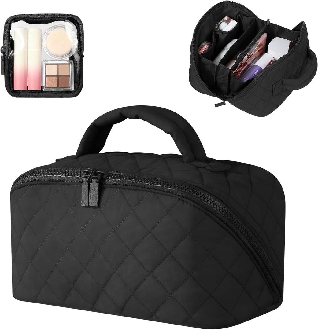 Makeup Bag for Women, Wide Open Lay-Flat Water-Resistant Cosmetic Case, Festivalment Makeup Bag, Spacious 180 Open Cosmetic Organizer for Toiletries & Brushes Large Capacity with Compartments (Black)