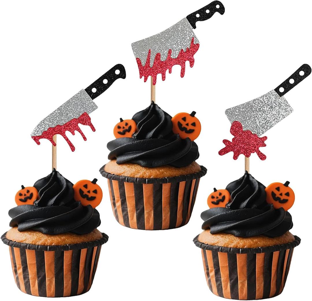 2 x GYGYL 24 PCS Halloween Cupcake Toppers, Glitter Horror Blood Knife Cupcake Picks, Have a Killer Birthday Cake Decorations for Halloween Blood Knife Theme Birthday Party SuppliesBlood Knife