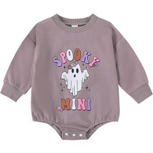 Aiwpstoin Halloween Baby Clothes Boy Girl Pumpkin Ghost Sweatshirt Bubble Romper Bodysuit Shirt Infant Fall Outfit (Purple B, 6-12 Months)