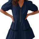 Fisoew Women's Short Sleeve Mini Dress Casual Half Zip V Neck Loose Mesh Back Utility Summer Dresses with Pockets L