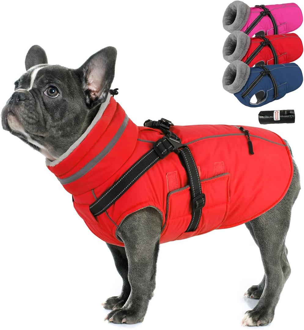 PETDSH Dog Coat Small, Built-in Harness Dog Jacket with Warm Fleece Lining, Waterproof Reflective Dogs Winter Coat, Pet Coats with Pocket and Trash Bags (Red, Small)
