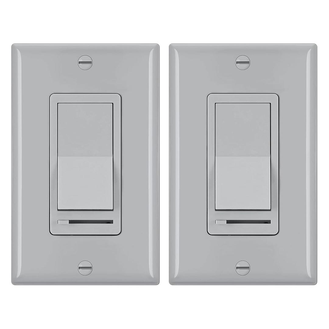 BESTTEN 2 Pack Dimmer Wall Light Switch, Compatible with Dimmable LED, CFL, Incandescent and Halogen Bulb, Single Pole or 3-Way Dimmer Switches, 120VAC, Decorator Wall Plate Included, Gray, UL Listed