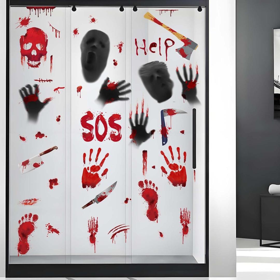 2 x Bloody Stickers Halloween Window Clings: Peel and Stick Scary Handprint Footprint Decorations Wall Decals for Glass Doors & Classroom Parties - Halloween Decor Lovers