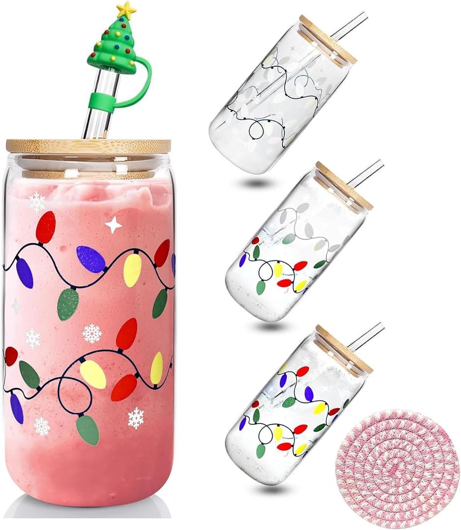 Mason Life Color Changing Christmas Cup, Cute Glass Cups with Lids and Straws, 18oz Iced Coffee Cup, Drinking Glasses Reusable Travel Coffee Mug, Valentines Day, Birthday Gift for Her- 1 Pack