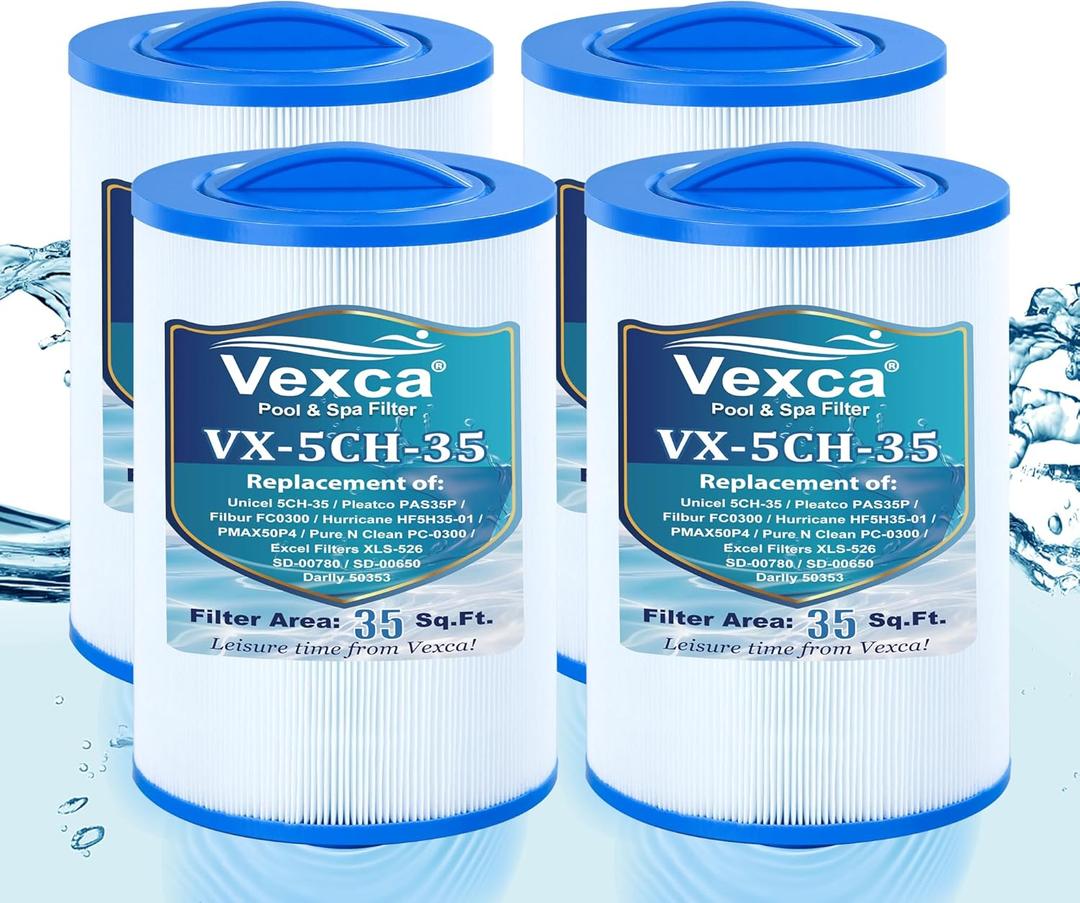 Vexca 5CH-35 Spa Filter Replacement for Pleatco PMAX50P4, PAS35P, Unicel 5CH-35, Baleen AK-90109, Excel Filters XLS-526, Pure N Clean PC-0300, SD-00780, SD-00650, 35 Sq.Ft, 4 Pack