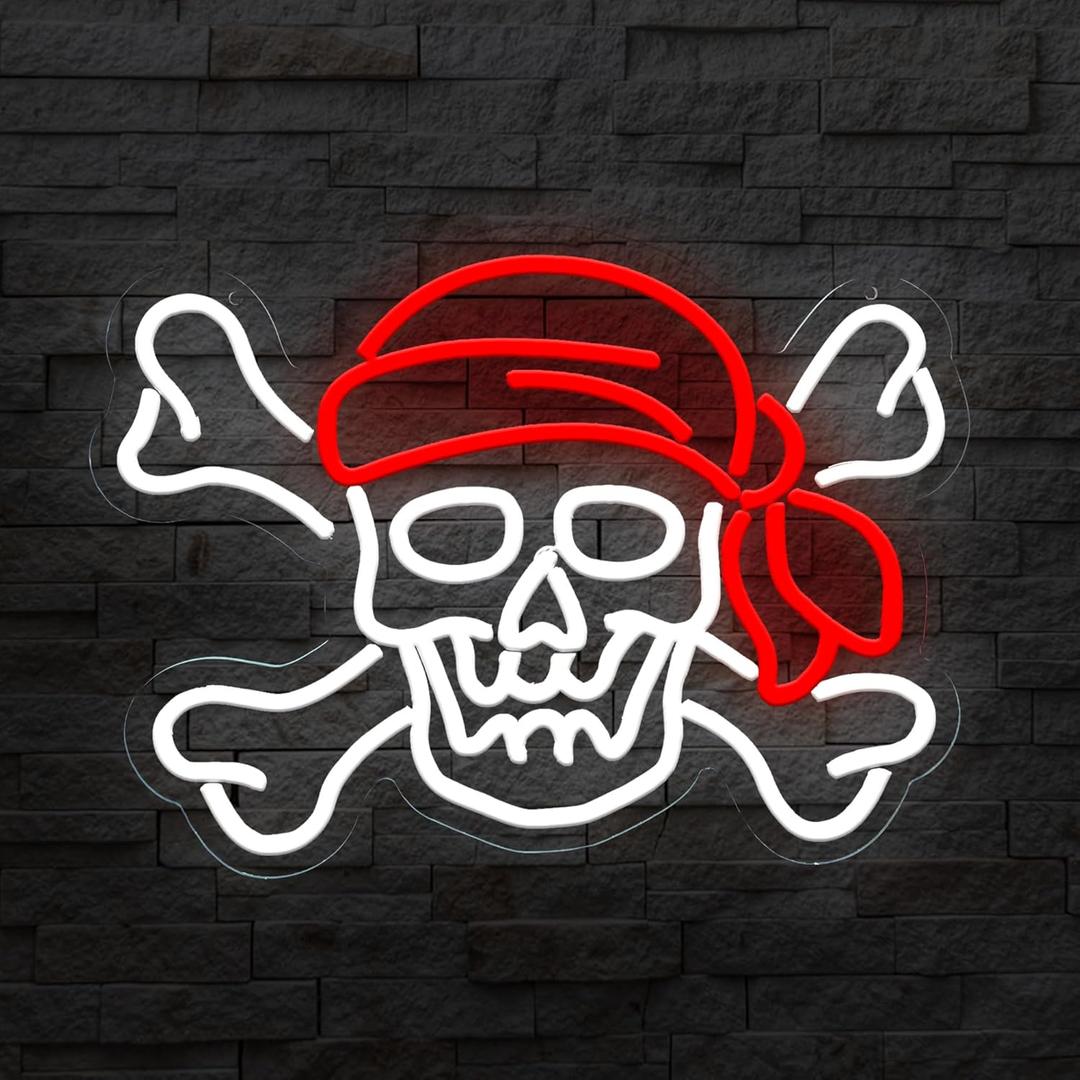 Pirate Neon Sign Pirate LED light design is perfect for room, kids bedroom, bar and party decoration Pirate light can also be used as a gift 16.7 * 12.4 inches