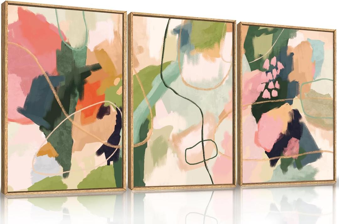 Colorful Abstract Framed Canvas Wall Art Set,Modern Multicolor Pastel Minimalist Line Wall Decor,Boho Green and Pink Painting for Living Room,Bedroom-16 x24 x3