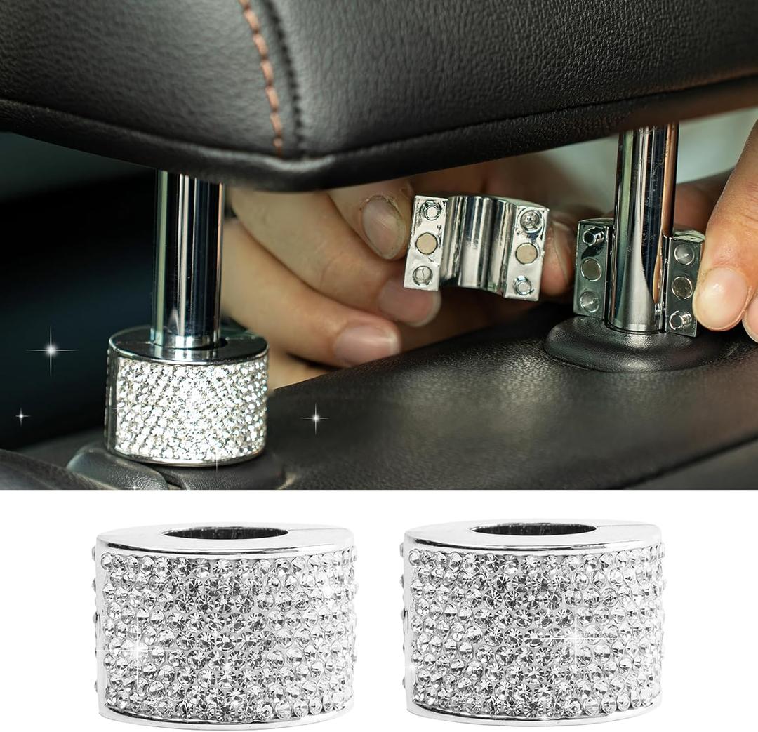 2PCS Magnetic Car Headrest Collars, Rhinestone Car Head Rest Collars Rings Decor, Bling Car Accessories for Women, Interior Decor Car SUV Truck (White)