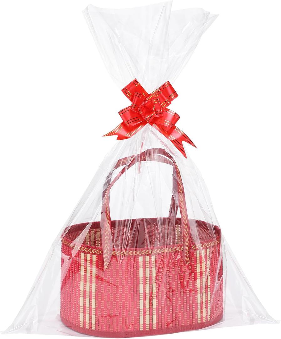 4 Set Valentine's Day Bamboo Baskets for Gifts Empty - 6"x7.5"x11.4" Large Easy to Setup Sturdy Gift Wrapping Basket with 2 Clear Bags and Bows, for Wedding Party, Baby Shower, Housewarming, Red