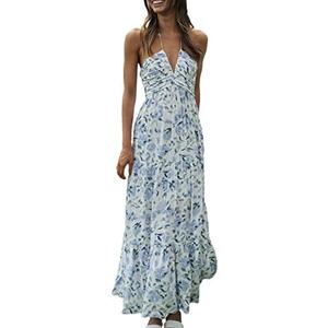 Women's Halter Neck Floral Maxi Dress 2024 Summer Boho Long Sundress Sexy Sleeveless Backless Flowy Ruffle Dress Size M