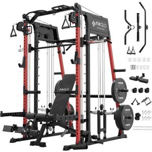 Mikolo M4 2.0 Smith Machine, 2200lbs Squat Rack with LAT-Pull Down System & Cable Crossover Machine, Training Equipment with Leg Hold-Down Attachment (Red)