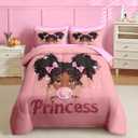 Nesker 7 Pcs Comforter Set Queen Size, African American Princess Bubbles Bedding for Kids Teen, Pink Black Girl with Fitted Sheet 2 Pillowcases & 2 Shams for Bedroom Bed Decor