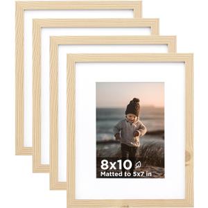 KINLINK 8x10 Picture Frame Wood Grain Set of 4, Wooden Photo Frames Matted 5x7 with Plexiglass for 5x7 with Mat or 8x10 without Mat for Table and Wall Display