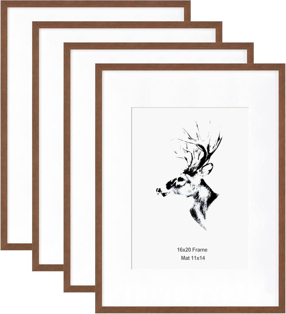 Yaetm 16x20 Picture Frame Matted to 11x14 Set of 4, Walnut Brown, Solid Wood 16x20 Frame for Photos, Posters & Art Prints, Horizontal and Vertical Wall Mount (4 pack, Walnut)