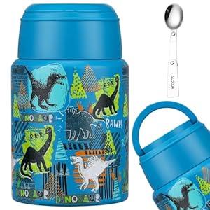 Aimsnk 17oz Soup Thermo for Hot Food Kids Insulated Food Jar, Thermo Hot Food Lunch Container, Width Mouth Stainless Steel Lunch Box for Kids with Handle Folding Spoon(Blue - Dinosaur)