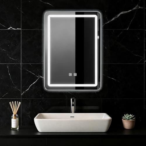 LED Bathroom Mirror, 16 x 24 Inch Anti-Fog Wall Mirror with Lights Stepless Dimmable, Lighted Bathroom Mirrors for Wall, Rectangle Bathroom Vanity Mirror with Front and Backlight, Vertically Only