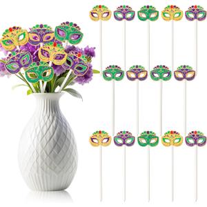 TICIAGA Carnival Mask Wooden Picks - 14PCS Circus Mask Double-Sided Wooden Decorative Picks for Home Vase Filler Mardi Gras Colorful Mask Wooden Picks Decor for Carnival Party Decorations Supplies