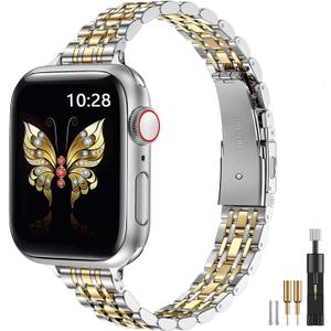 MioHHR Slim Metal Band Compatible with Apple Watch Band 42mm(Series 10) 41mm 40mm 38mm,Dressy Stainless Steel Chain Strap for Women iWatch Bands Series 9 8 7 6 5 4 3 2 1 SE,Silver/Gold