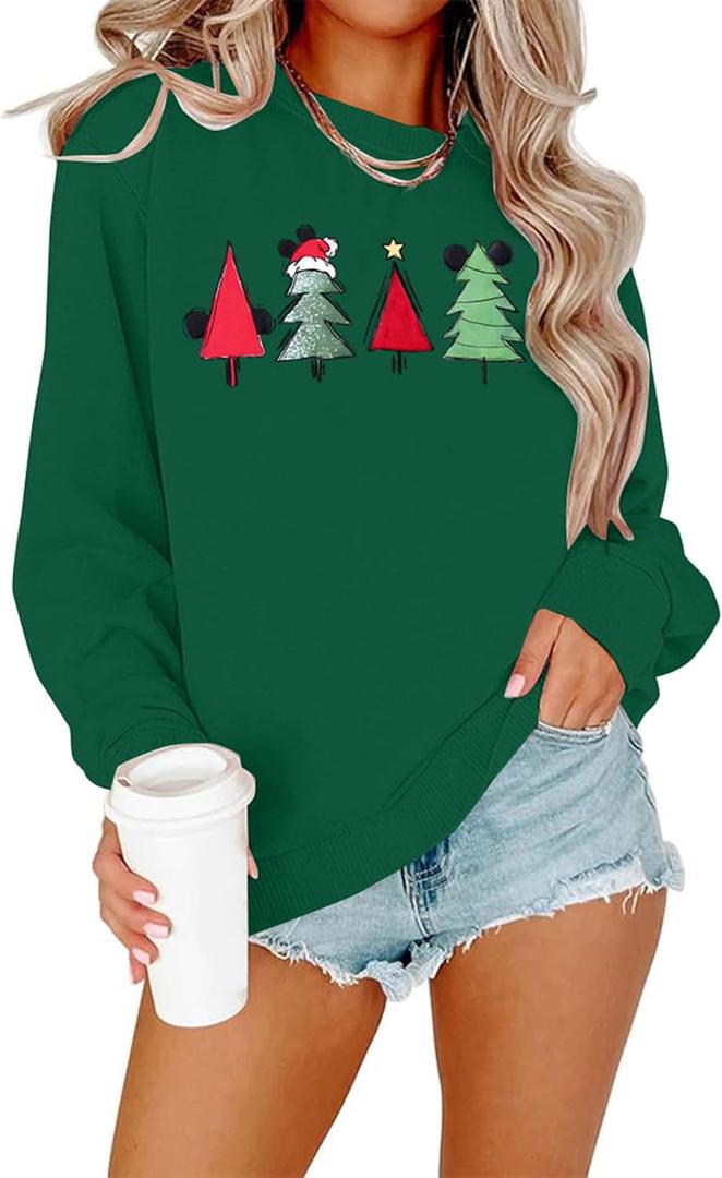 JINTING Christmas Sweatshirt for Women Christmas Tree Pullover Xmas Holiday Crewneck Sweatshirts Long Sleeve Top Green Medium (Green, M)