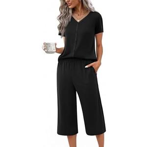 Ekouaer Women's Pajama Sets Short Sleeve Sleepwear Button Up Pj Loungewear Top and Capri Pants with Pockets, L