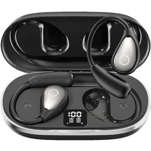 Open Ear Earbuds Wireless Bluetooth Headphones, 60Hrs Playtime, Stereo Sound Over Ear Buds with IPX7 Waterproof Noise Canceling Earphones, Ideal for Fitness, Travel - Black