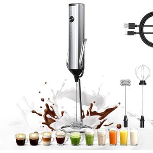 Upgraded Rechargeable Milk Frother Handheld, 3-Speed Electric Frother with 2 Whisks (Frother & Egg Whisk),304 Stainless Steel Drink Mixer for Coffee, Cappuccino, Hot Chocolate, Ideal Christmas Gift (Silver Charging Edition)
