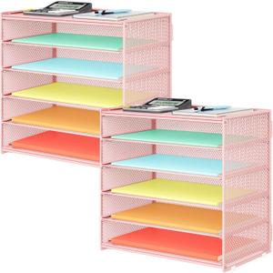 2 Pack 6 Tier Paper Organizer, Metal Mesh Desk File Folder, Letter Tray Organizer, Paper Sorter Desk Organizers for Office, Home or School File Folder Holder - Pink (Pink-2pack) 2 Pack 6 Tier Paper Organizer, Metal Mesh Desk File Folder, Letter Tray Organizer, Paper Sorter Desk Organizers for Office, Home or School File Folder Holder - Pink (Pink-2pack)