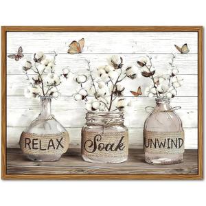 Floating Framed Farmhouse Bathroom Decor Wall Art, Rustic Cotton Pictures Canvas Wall Decor Paintings, Modern Country Relax Soak Unwind Sign Artwork Posters Prints for Bathroom 16x24 Inch