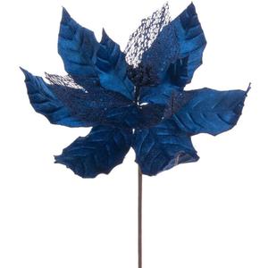 Vickerman 11" Midnight Blue Velvet and Glitter Mesh Poinsettia Flower on Stem, 6 per Bag.