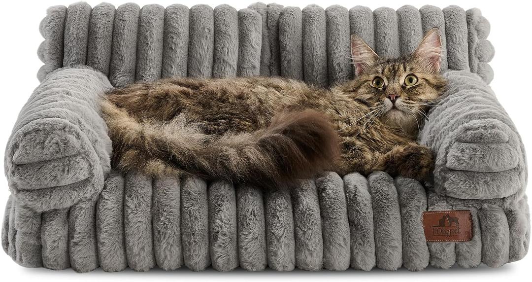 Hollypet Fluffy Dog Cat Bed Pet Couch Beds Plush Soft Warming Washable Puppy Bed for Small Medium Dogs and Large Cats, Dark Gray, 24" L x 18" W x 10" Th
