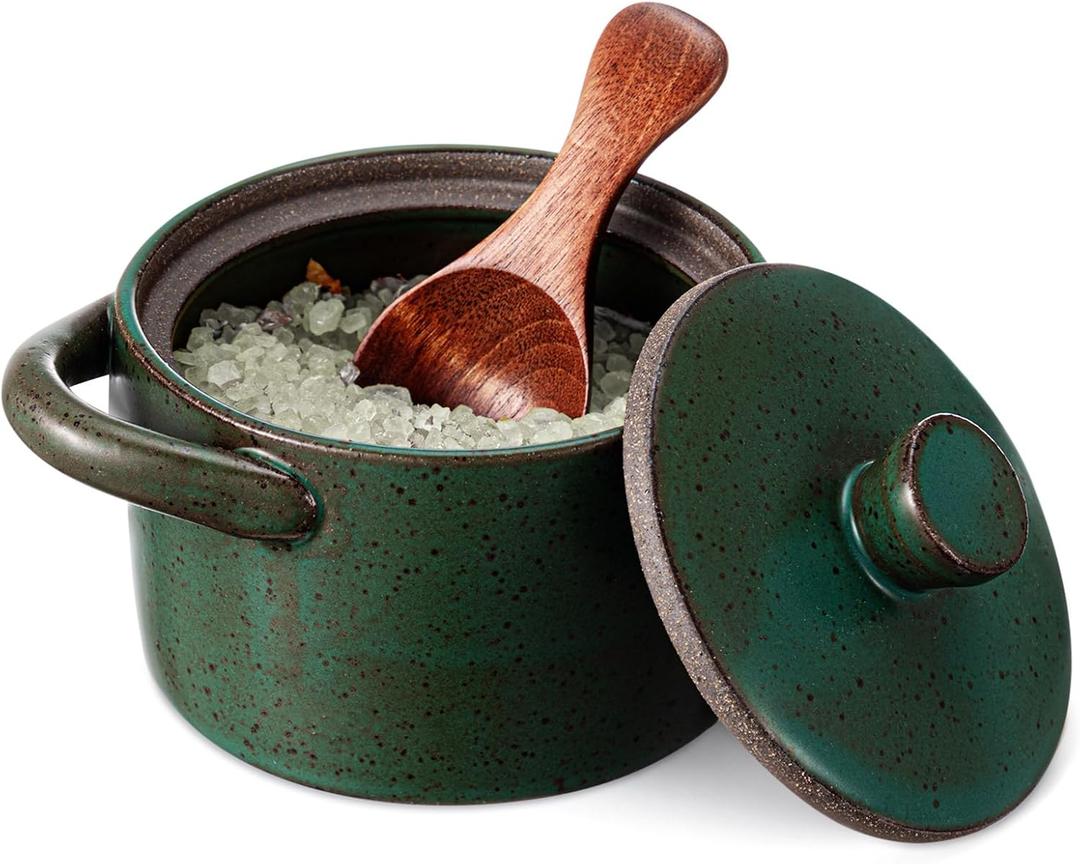 Honeydak Speckled Ceramic Salt Cellar with Lid and Wooden Spoon, Rustic Farmhouse Salt Pepper Cellar Holder for Valentines Day,Housewarming Gift, Heavyweight Spices Jar(Green,1 Set)