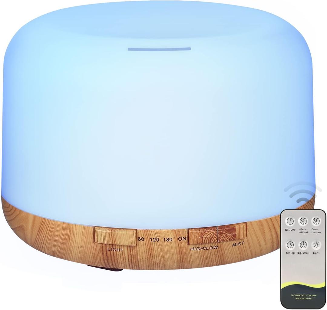 Oil Diffuser, 500ml Essential Oil Diffusers with 2 Mist Mode 4 Timers＆7 Ambient Light Waterless Auto Off, Diffusers Large Room Home Office
