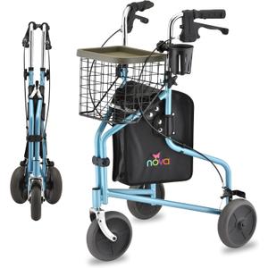 NOVA Traveler Folding 3-Wheel Walker with Tray, Basket, Pouch & Cup Holder, Lightweight Mobility Aid for Seniors & Adults, 8 All-Terrain Wheels for Tight Spaces & Travel, Sky Blue