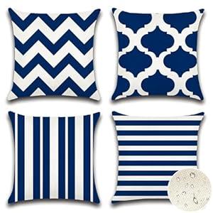 OTOSTAR Set of 4 Waterproof Throw Pillow Covers 18x18 Inch Farmhouse Geometric Square Pillow Cases for Couch Patio Furniture Balcony Garden Outdoor Decoration（Geometry70-Navy Blue）