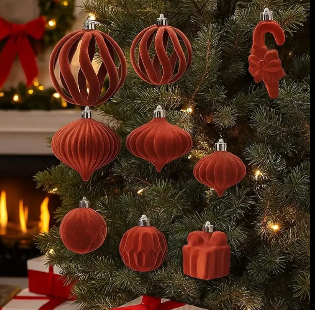 Jenaai 28pcs Velvet Christmas Balls Ornaments Wine Red Burgundy Flocked Christmas Tree Ball Decorations Vintage Shatterproof Plastic Balls Neutral Ornaments for Xmas Decorative Hanging, Brown
