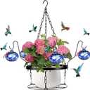 Hand Blown Glass Hummingbird Feeders for Outdoors with Hanging Planter(11 inch),Metal Hanging Plant Holder and Glass Hummingbird Feeder 2-in-1(POTS NOT Included) (Dotted Blue)