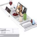 Foldable Bathtub Caddy Tray for Tub, Bamboo Expandable Bath Table Trays, Premium Bathroom Accessories for New Home & Mother's Day & Birthday Gifts for Couples, White