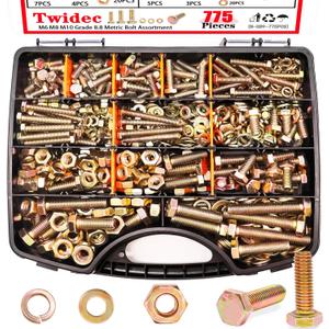 Twidec/775PCS Metric Bolt Assortment,Grade 8.8 Hex Head Nuts and Bolts Assortment Kit, M6/M8/M10(12-60mm) Heavy Duty Bolts and Nuts Kit, Flat & Spring Lock Washer Gold Zinc Plating With Storage Case