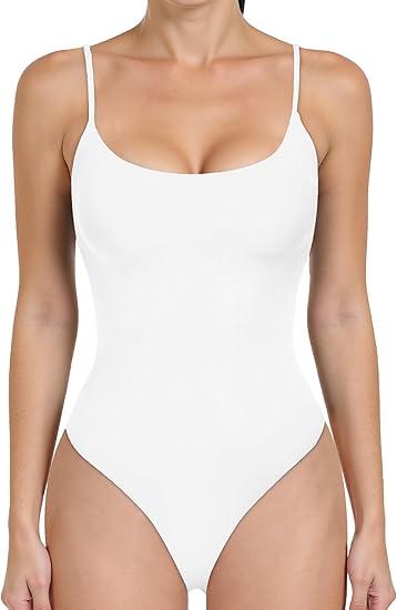 Women Spaghetti Strap Square Neck Bodysuit Double Lined Thong Body Suit Backless Cami Leotard Sleeveless Tank Top, S