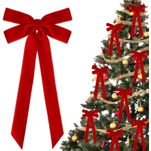 16Pcs Red Velvet Christmas Bows, 5 in x 10 in Velvet Ribbon Bows for Christmas Tree,Garland,Staircase,Fireplace, Xmas Indoor Outdoor Decor