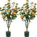 2PCS 4FT Artificial Camellia Tree, Orange Realistic Faux Camellia Plant, for Indoor Outdoor Home Office Porch Spring Decor