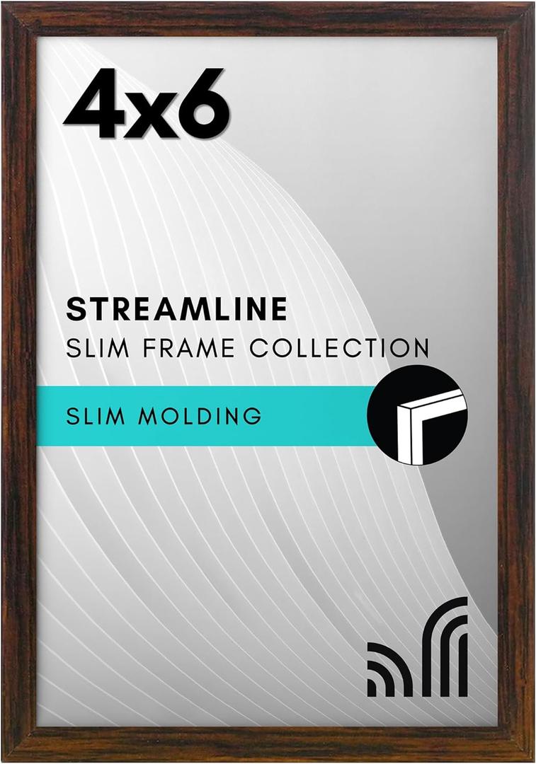 Americanflat 4x6 Picture Frame with Shatter-Resistant Glass - Streamline Collection - Thin Border Photo Frame for Tabletop and Wall Display - Hanging Hardware and Easel Stand Included - Walnut